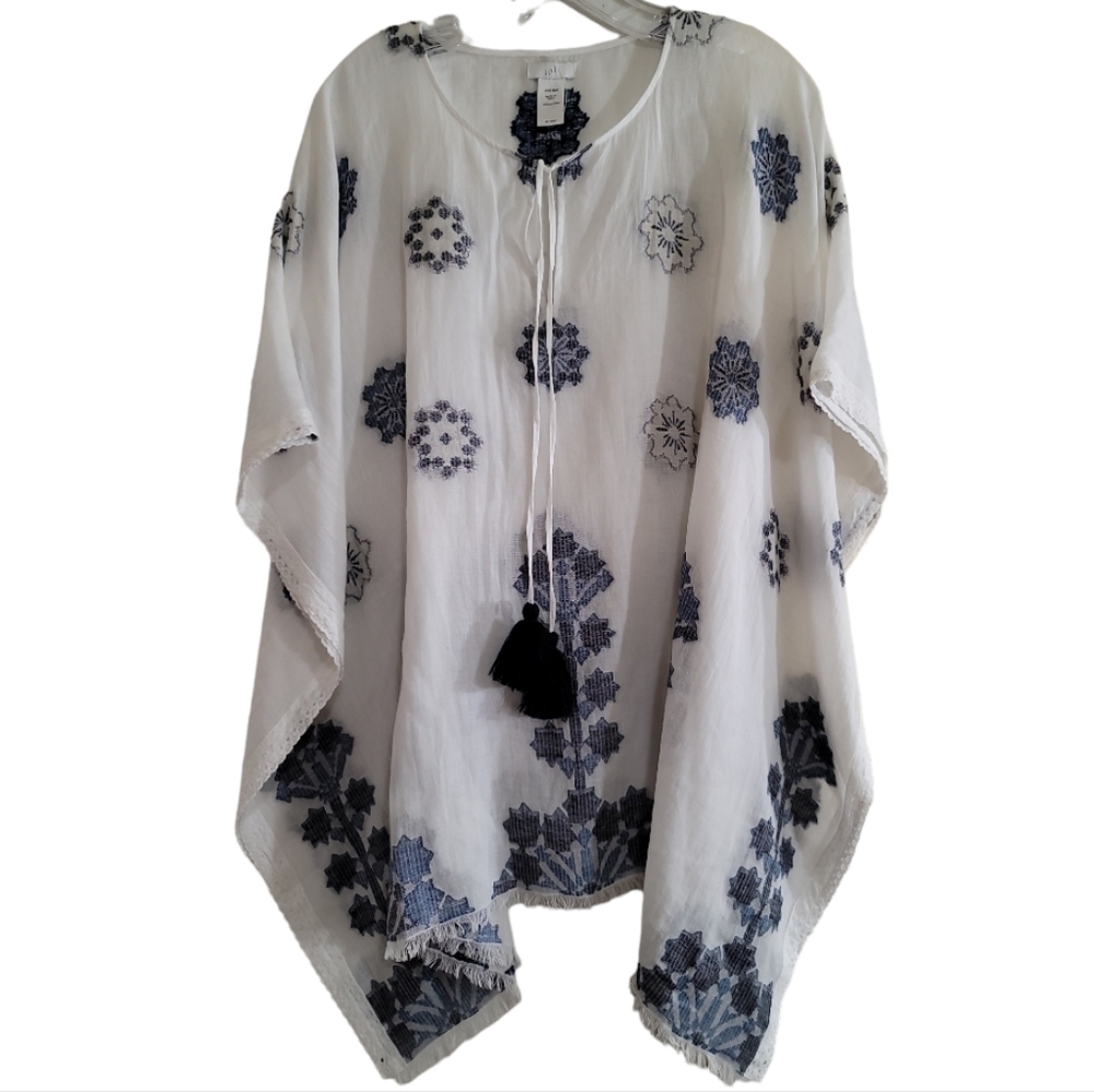 J. Jill Ocean Breeze Jacquard Embroidered Poncho Top One Size Open Sides Tassels - Picture 2 of 6